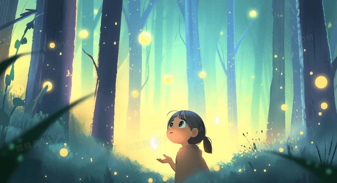 唯美风梦幻森林的可爱女孩静静观赏漫天萤火虫创意插画