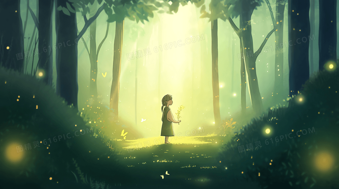 唯美风梦幻森林中拿着花束的可爱女孩和漫天萤火虫创意插画