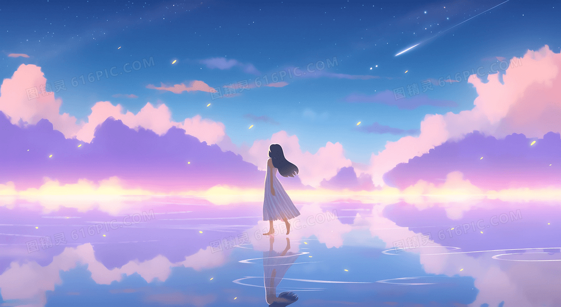 动漫风梦幻天空唯美云彩湖面上踩起波纹的少女插图