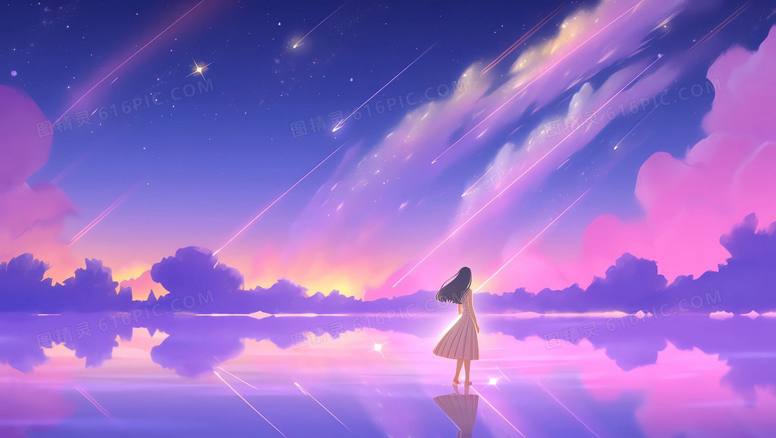 浪漫唯美梦幻天空湖面上的少女插图