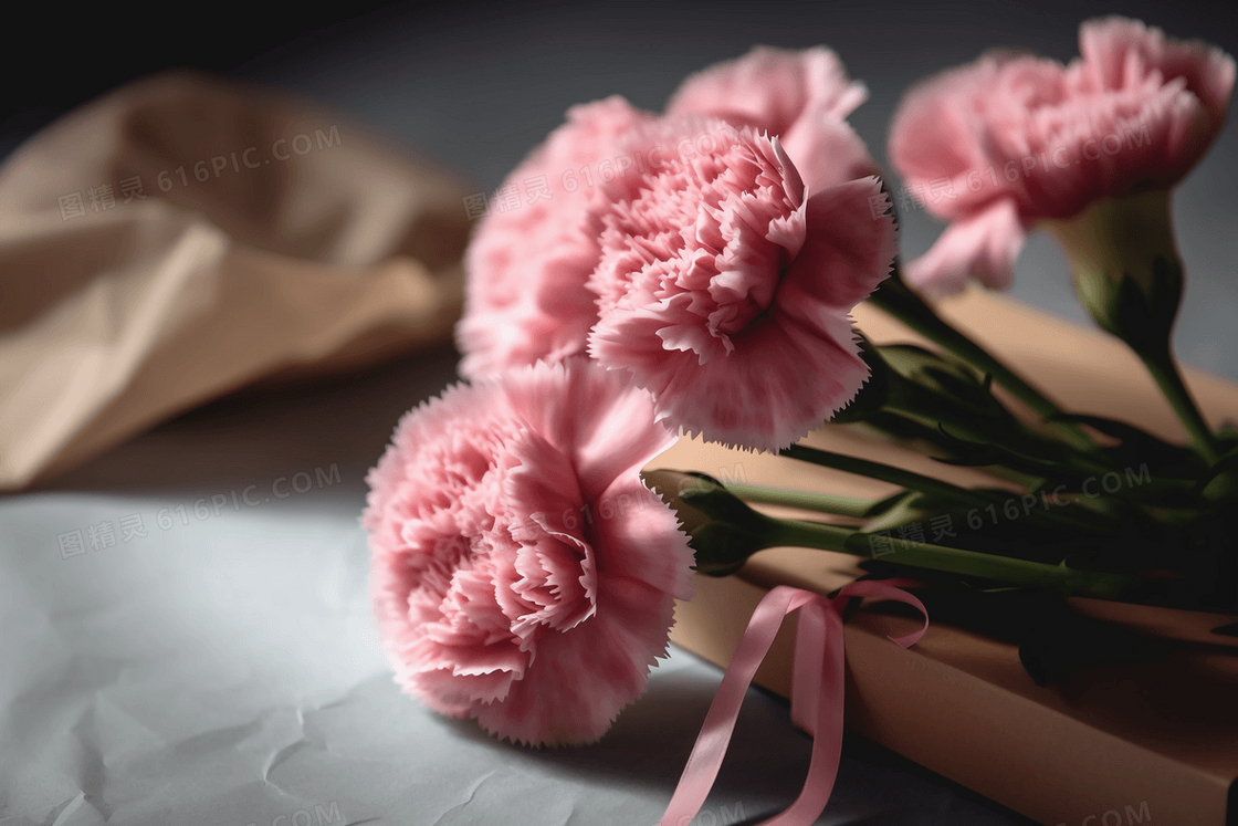 一束粉色康乃馨放在桌子上
