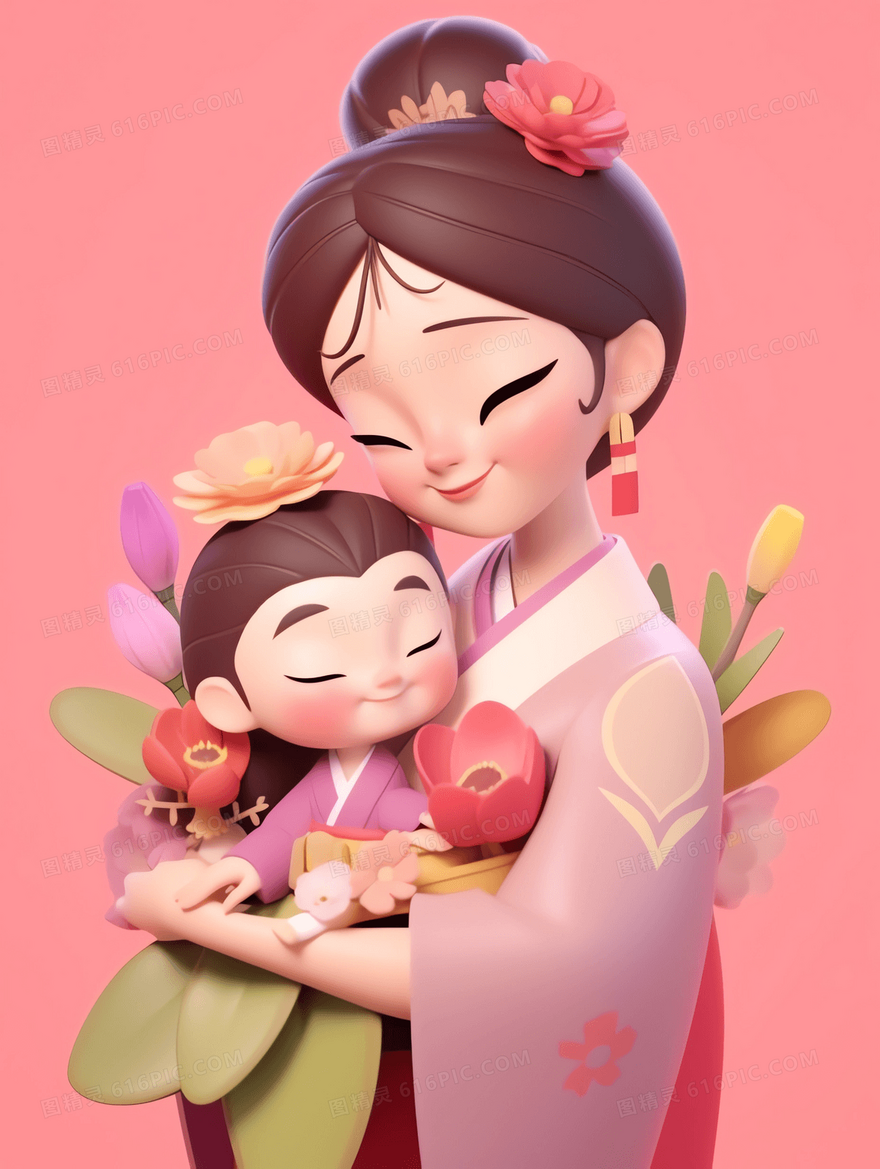 3D卡通身着古风服装的妈妈头戴鲜花抱着女孩插画