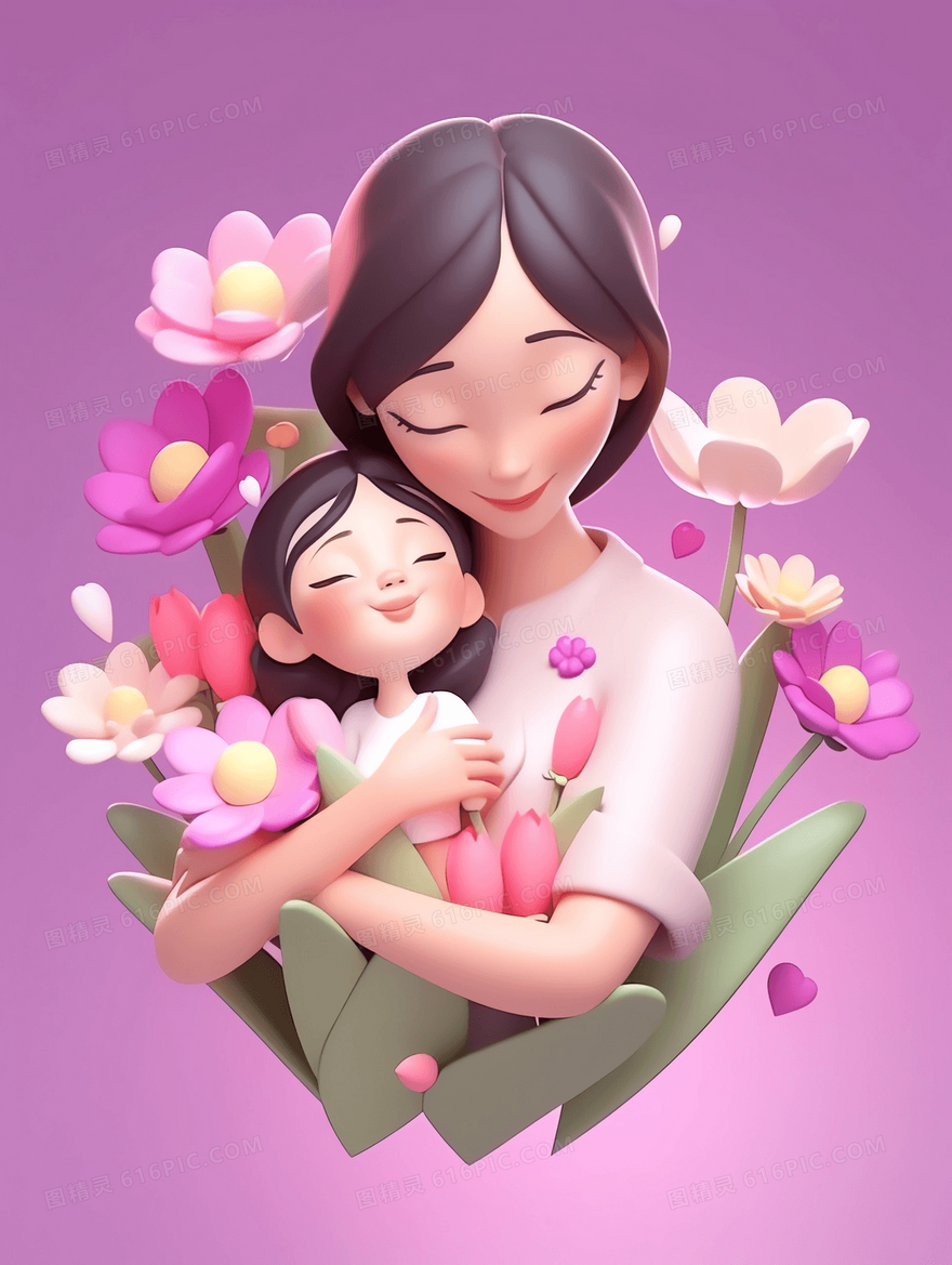 3D卡通风妈妈抱着女孩依偎在花田中插画