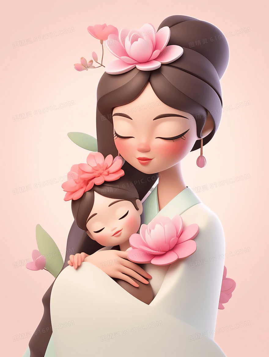 3D卡通风戴着花的妈妈抱着小女孩插画