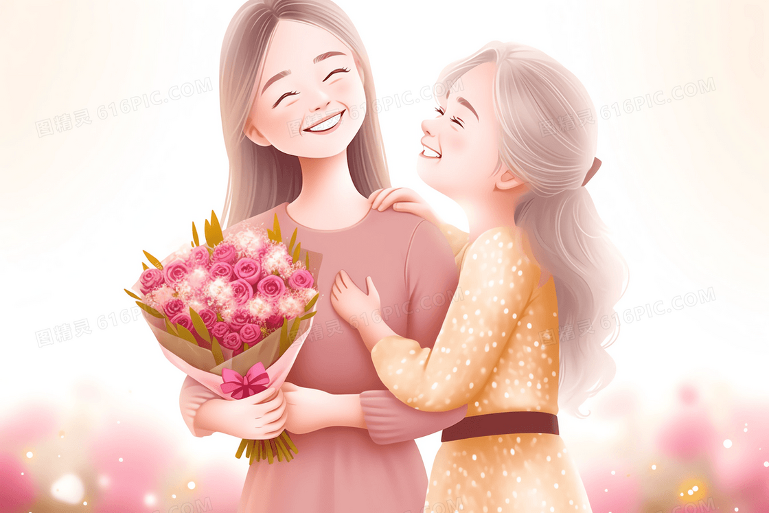 漫画风妈妈抱着女儿送的花开心的笑插画
