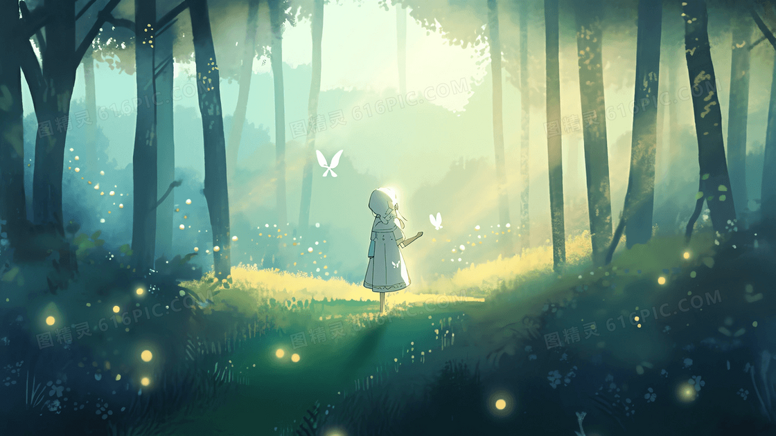 唯美风梦幻森林中被蝴蝶环绕的可爱女孩和漫天萤火虫创意插画