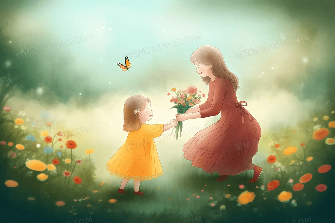 卡通风唯美花园中可爱的小女孩给妈妈献花插图