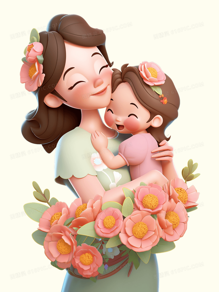 3D卡通风手拿鲜花的妈妈抱着小女孩插画