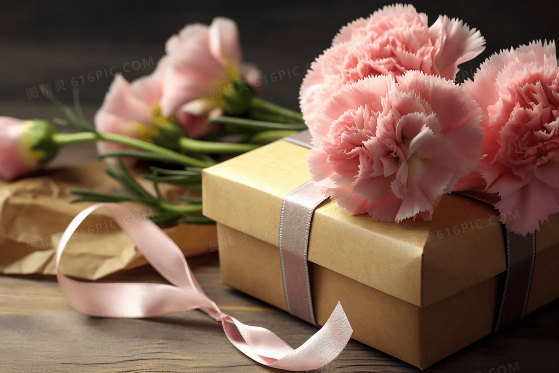 一束粉色的康乃馨摆放在礼盒上