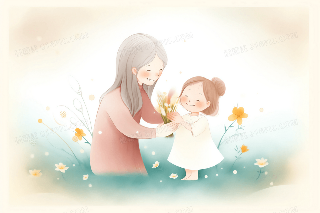 卡通风梦幻花园女孩开心的给妈妈献花插画
