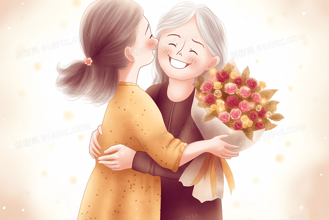 漫画风女儿给妈妈送鲜花并亲吻妈妈插画
