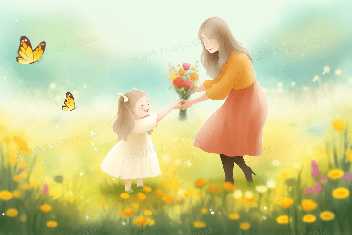 卡通风一个小女孩在鲜花盛开蝴蝶飞舞的野外给妈妈送上鲜花插图