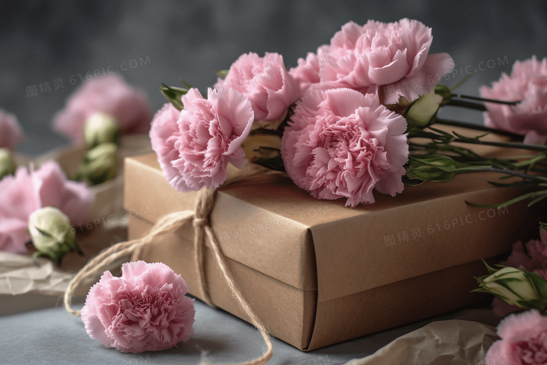 粉色康乃馨散落在礼物盒上