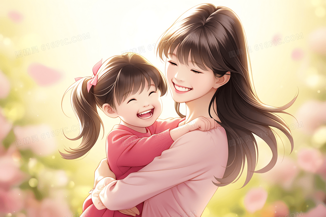 妈妈抱着可爱的女儿开心的在花田里转圈插画