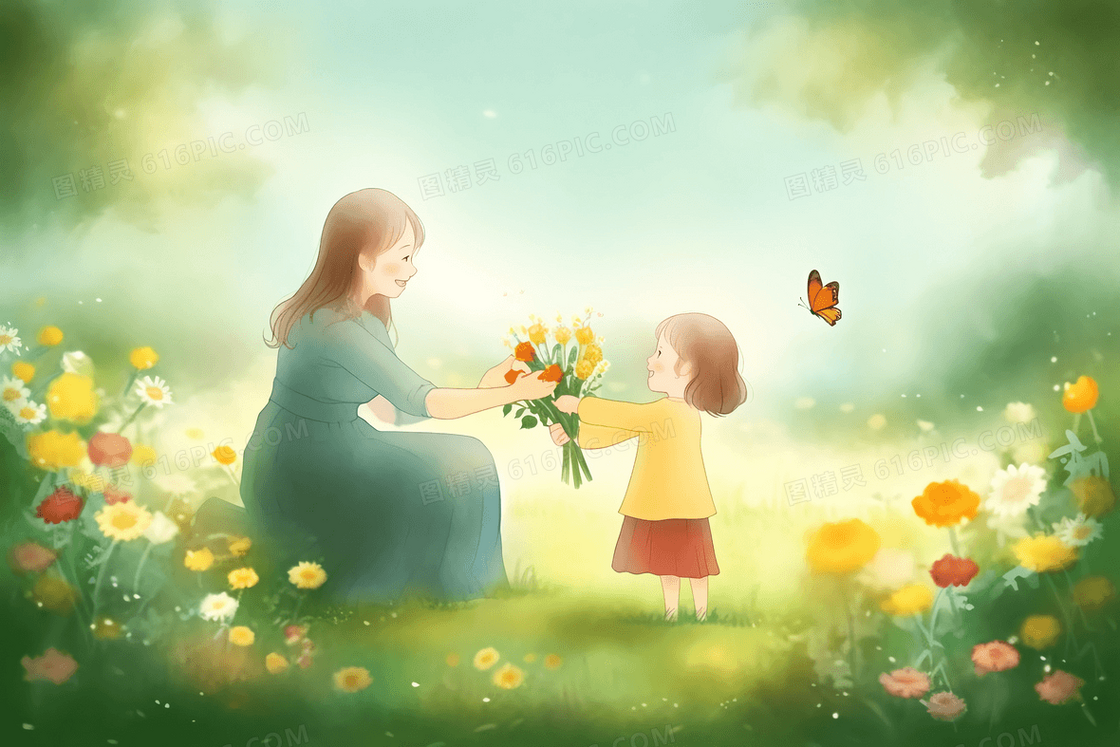 卡通风梦幻花园女孩给妈妈送花插图
