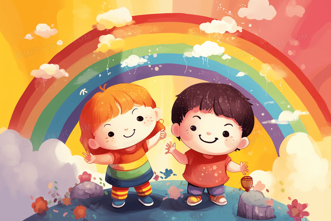 卡通风两个小孩在彩虹下玩耍插图