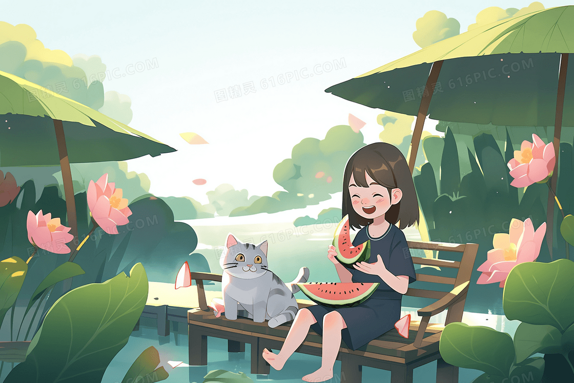 卡通风可爱女孩坐在荷叶下西瓜插图