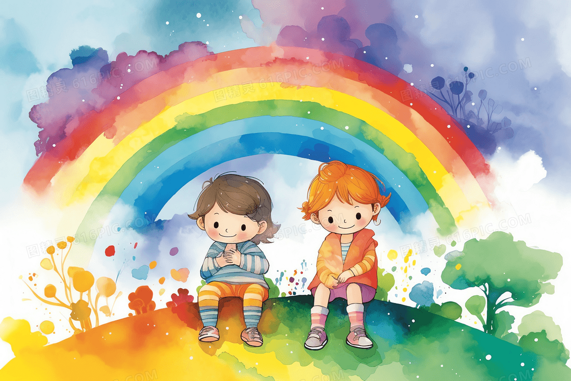 卡通风小朋友坐在彩虹下玩耍插图