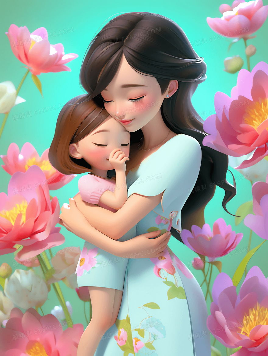 3D清新卡通妈妈怀抱着女孩沐浴在花海里插图