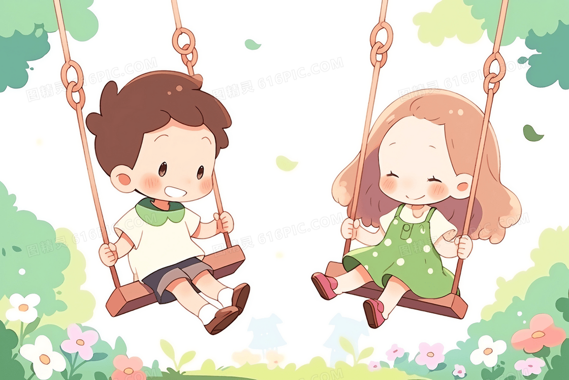 卡通风可爱的小朋友在荡秋千插图