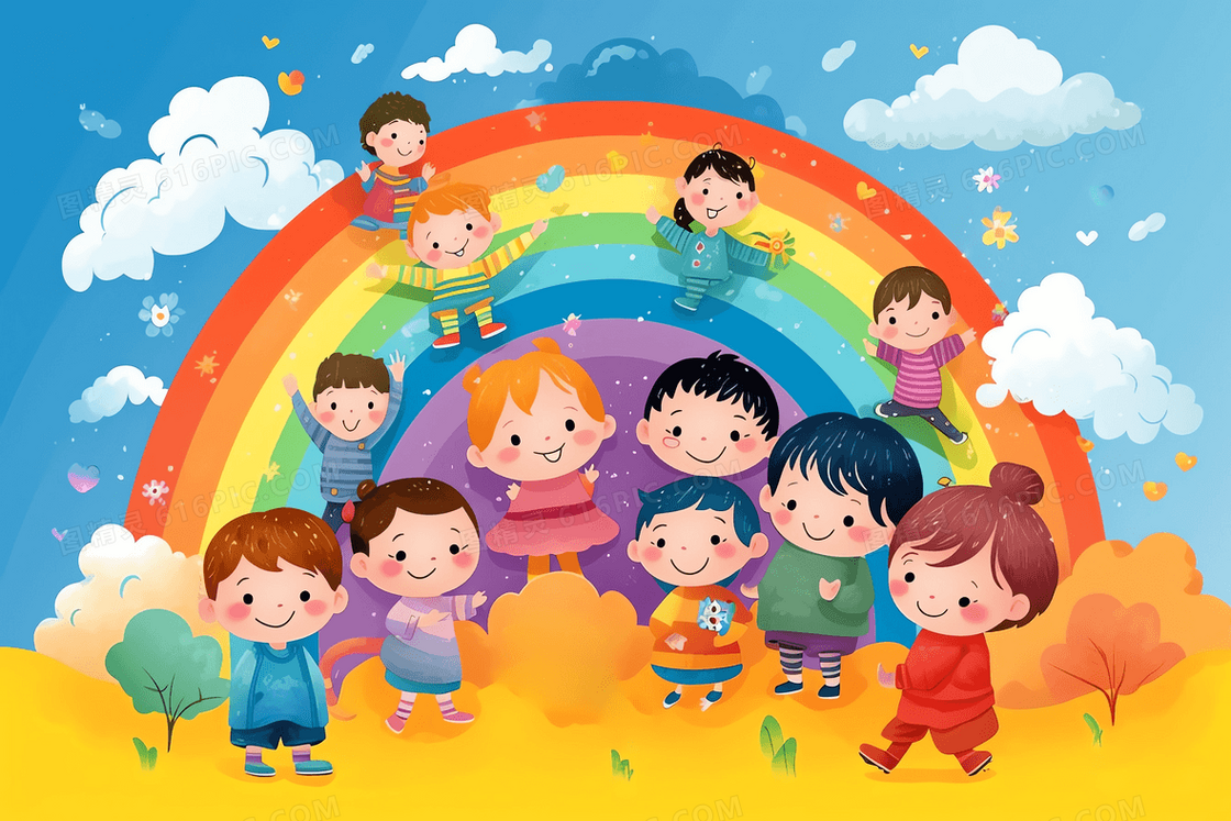 卡通风小朋友们在彩虹下玩耍插图