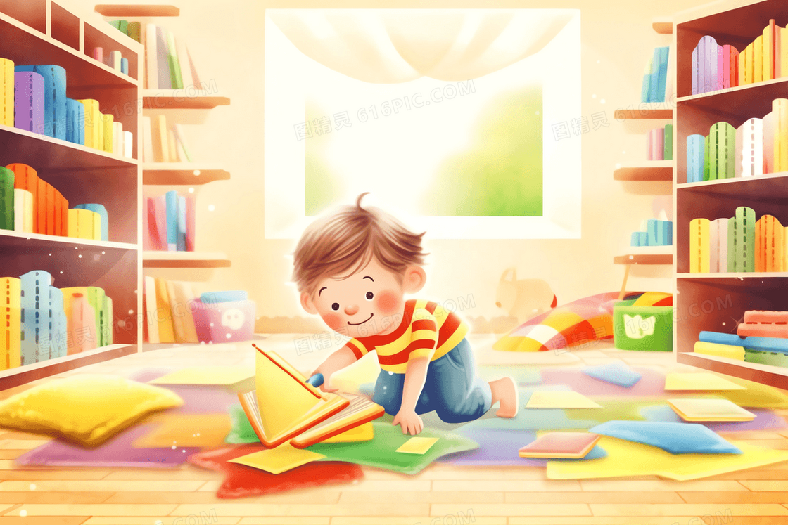 卡通风可爱小男孩在书房读绘本插画