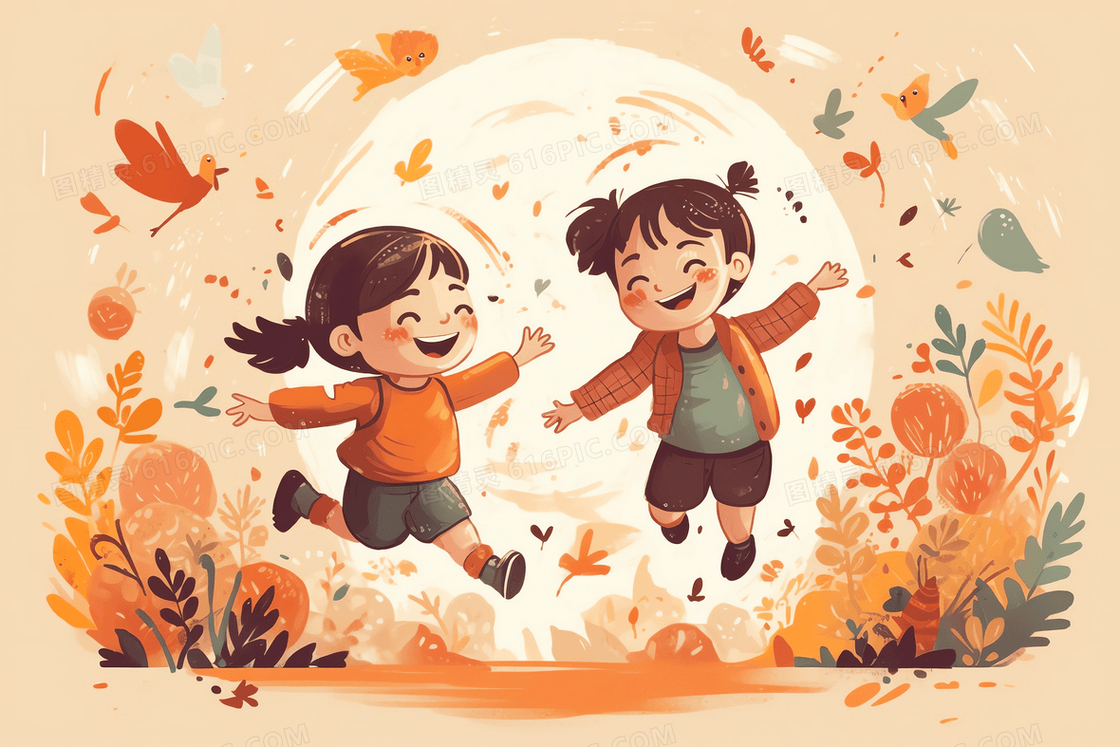 卡通风两个小女孩在开心的跳跃插图