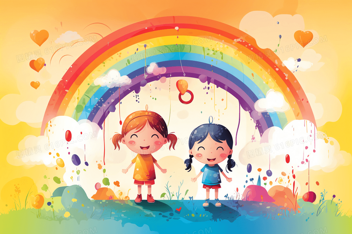 卡通风两个小女孩站在彩虹下插图