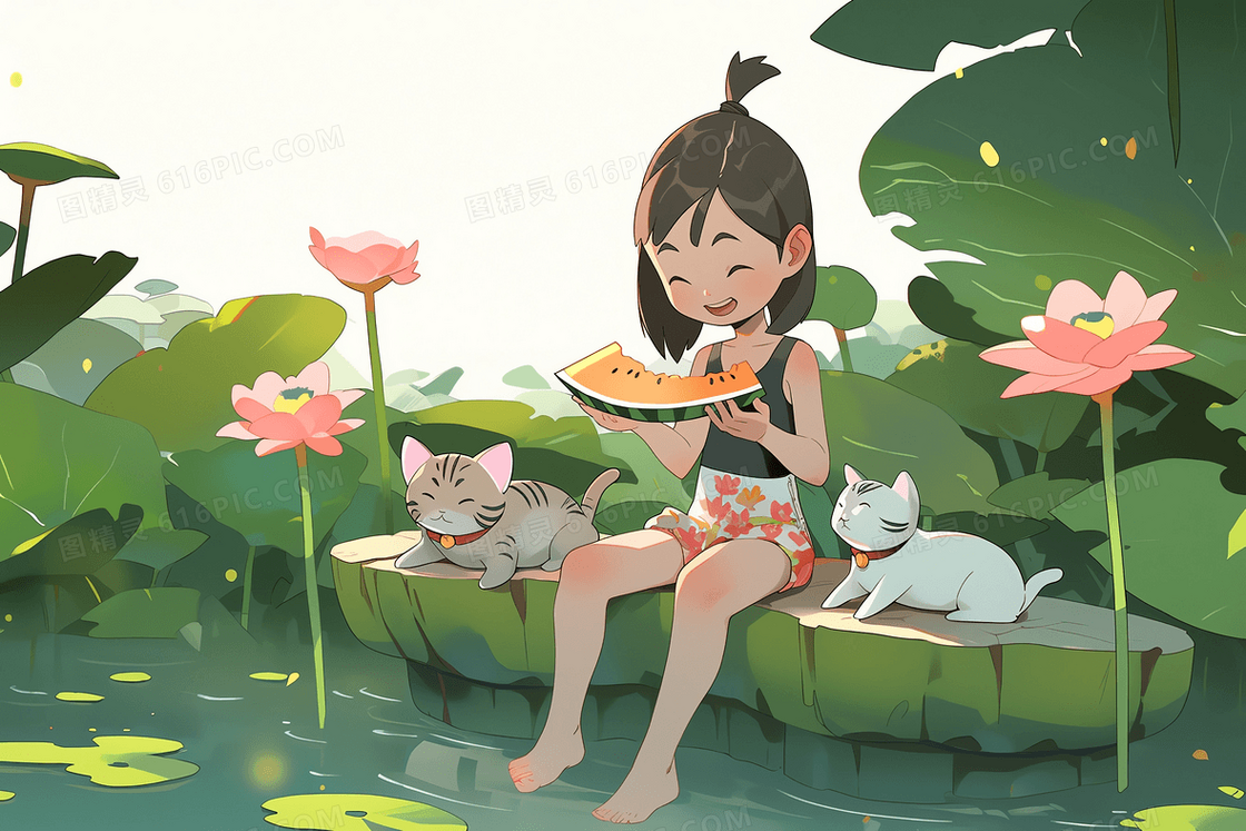 卡通夏日女孩在坐在荷塘吃西瓜插图