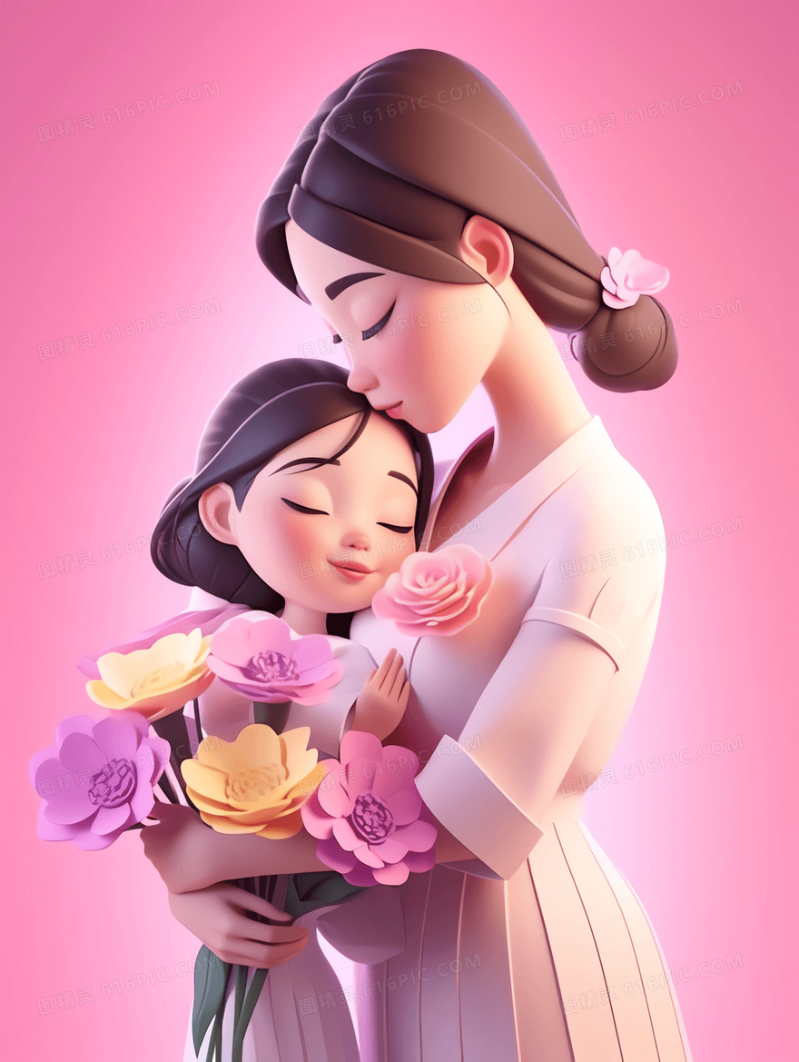 3D卡通风妈妈拿着鲜花怀里抱着小女孩插画