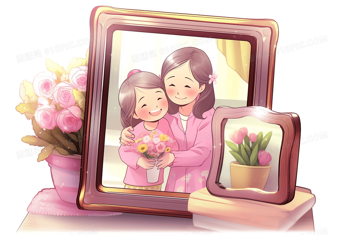 漫画风相框里妈妈和女儿拿鲜花合照插图