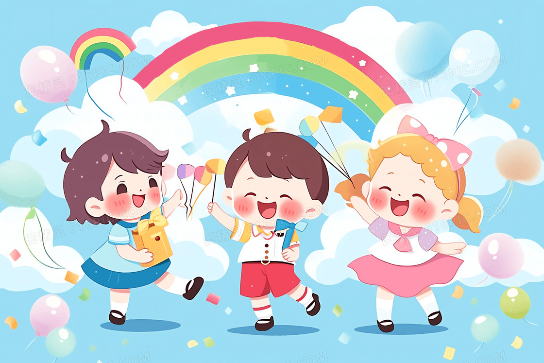 卡通风三个小孩彩虹舞台表演插图