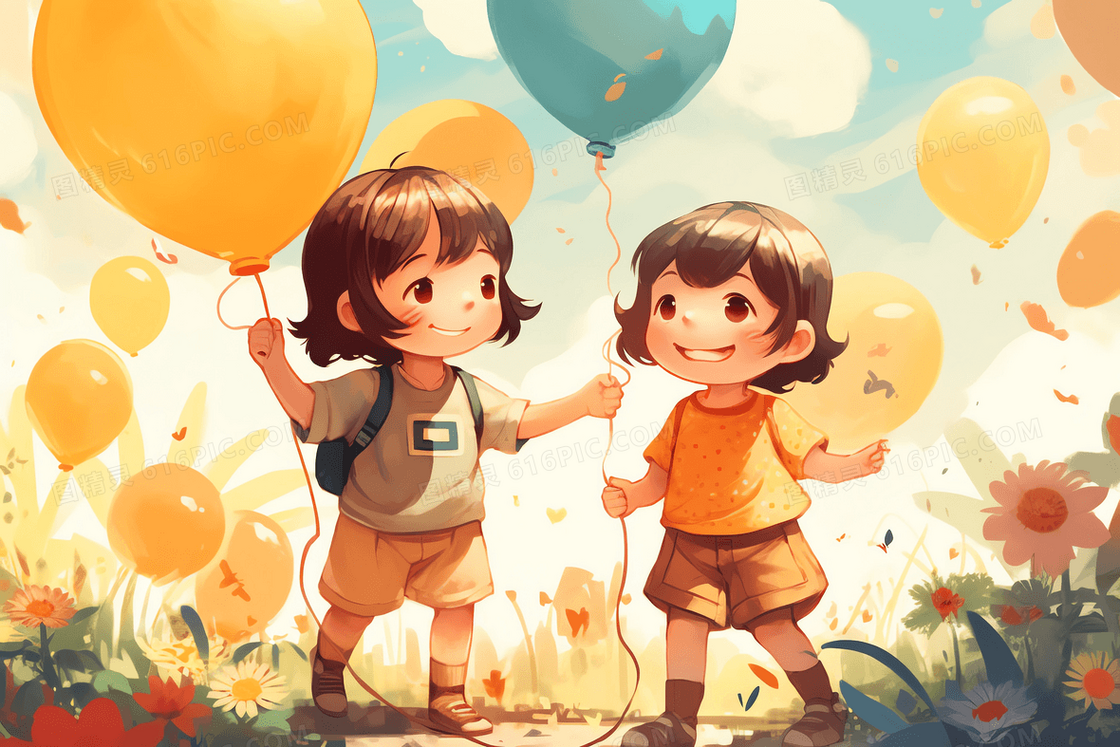卡通风两个可爱的小朋友在玩气球插画