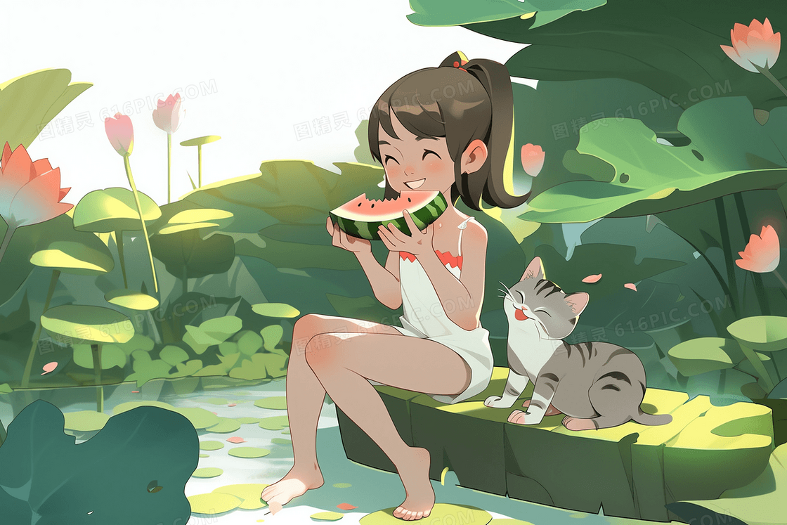 卡通风女孩在荷花池边开心的吃西瓜插图