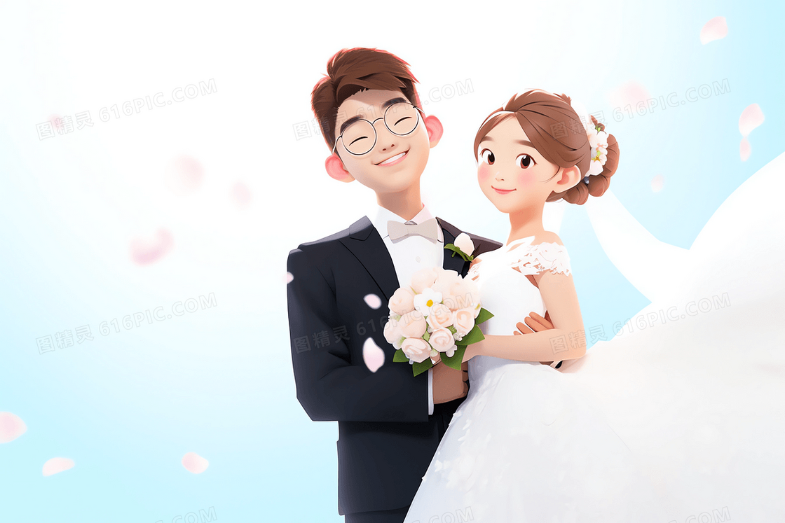 卡通唯美新郎搂着新娘幸福的笑婚纱照插画