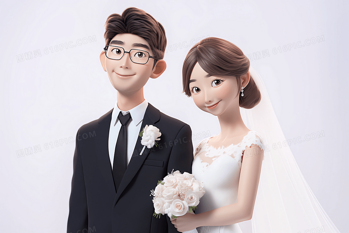 韩式唯美新郎和拿着捧花的新娘在微笑婚纱照3D模型插画
