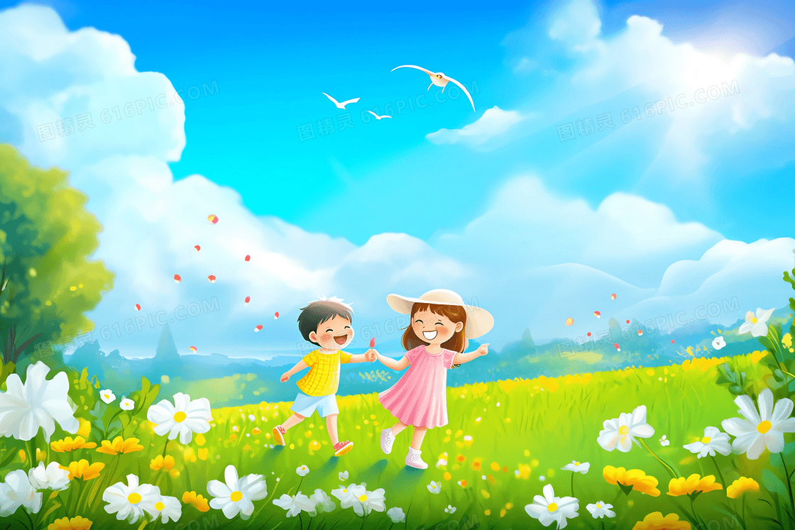 唯美清新的春日里草坪上2个可爱的小朋友在玩耍插画