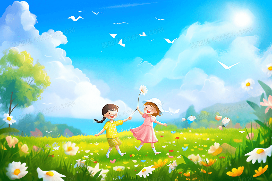 唯美春天蓝天白云草坪上2个可爱的小朋友在玩耍插画