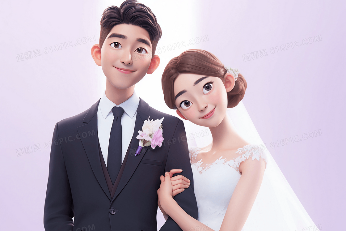 韩式唯美新娘挽着新郎的胳膊婚纱照3D模型插画