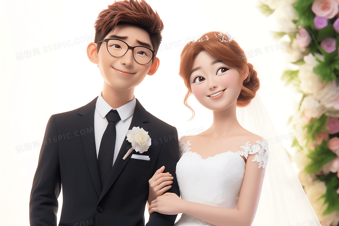 韩式唯美新娘挽着新郎在幸福的微笑婚纱照3D模型插画