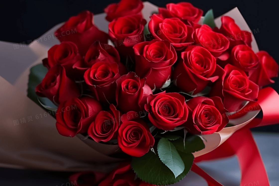 一束热情的红玫瑰摆放在桌面上