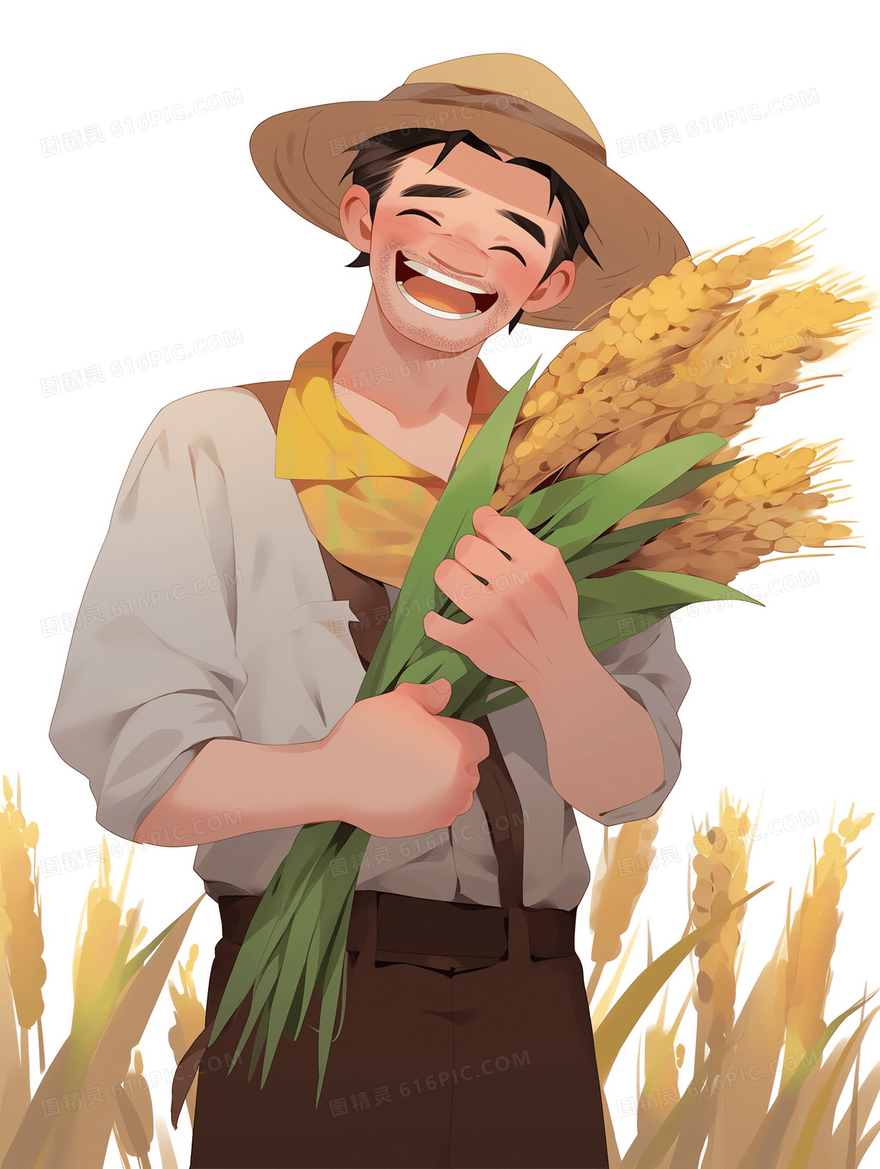 卡通农民抱着收获的麦穗站在麦田里大笑插画