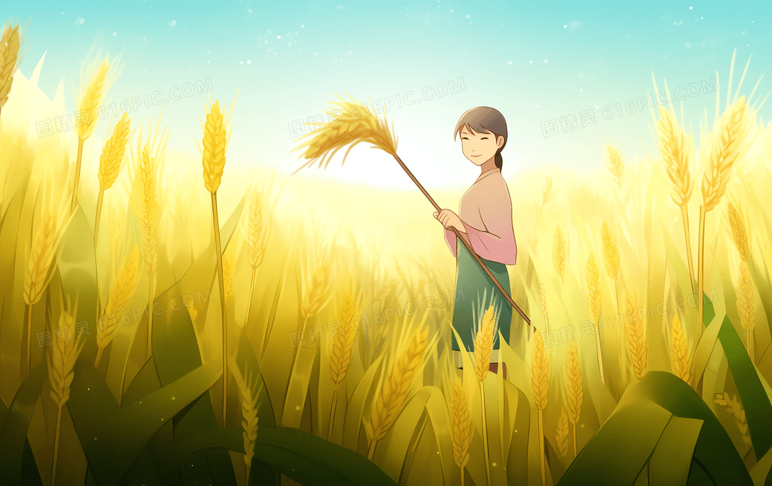 卡通农民在麦田里拿着一把麦穗插画