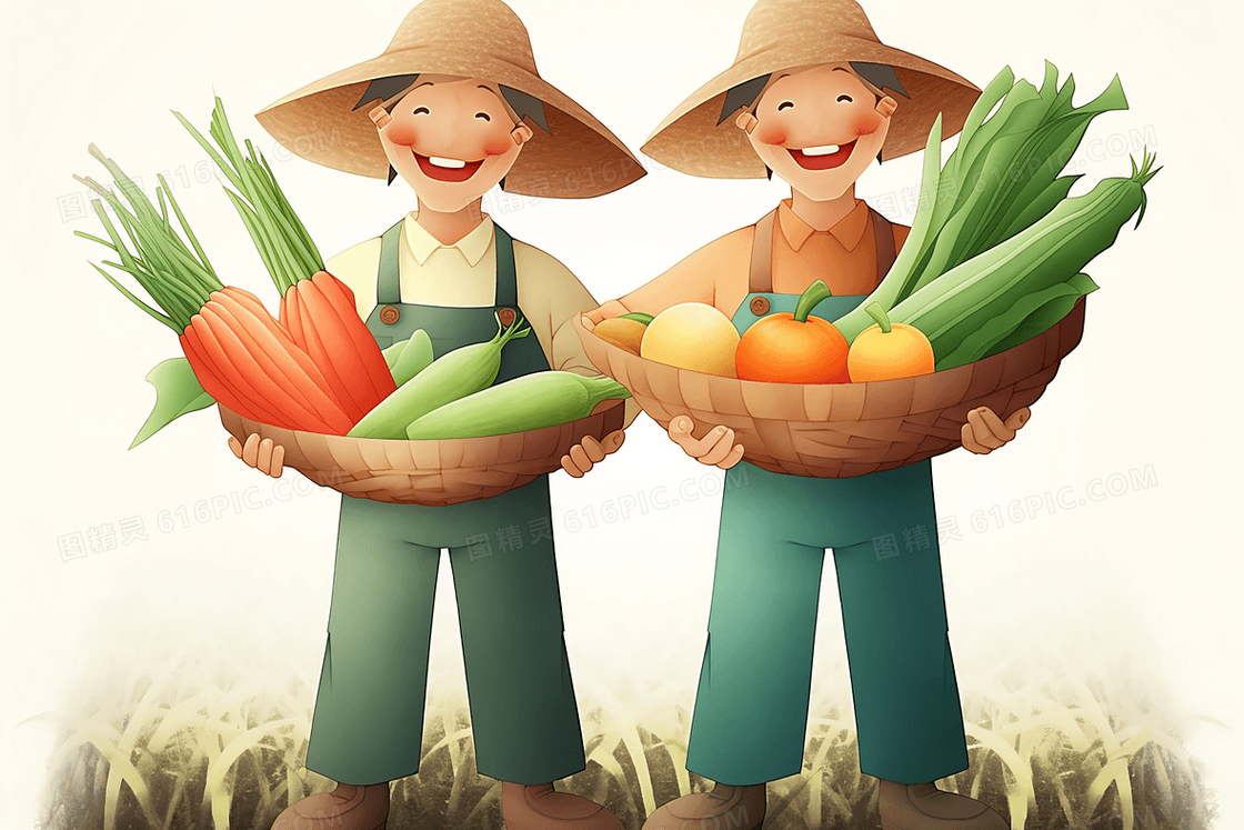 卡通两个农民抱着收获的水果和蔬菜开心的笑了插画