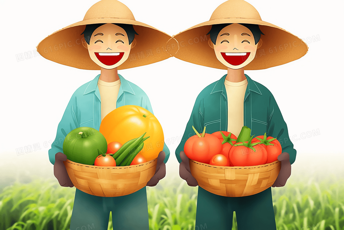 卡通农民抱着收获的水果和蔬菜开心的笑了