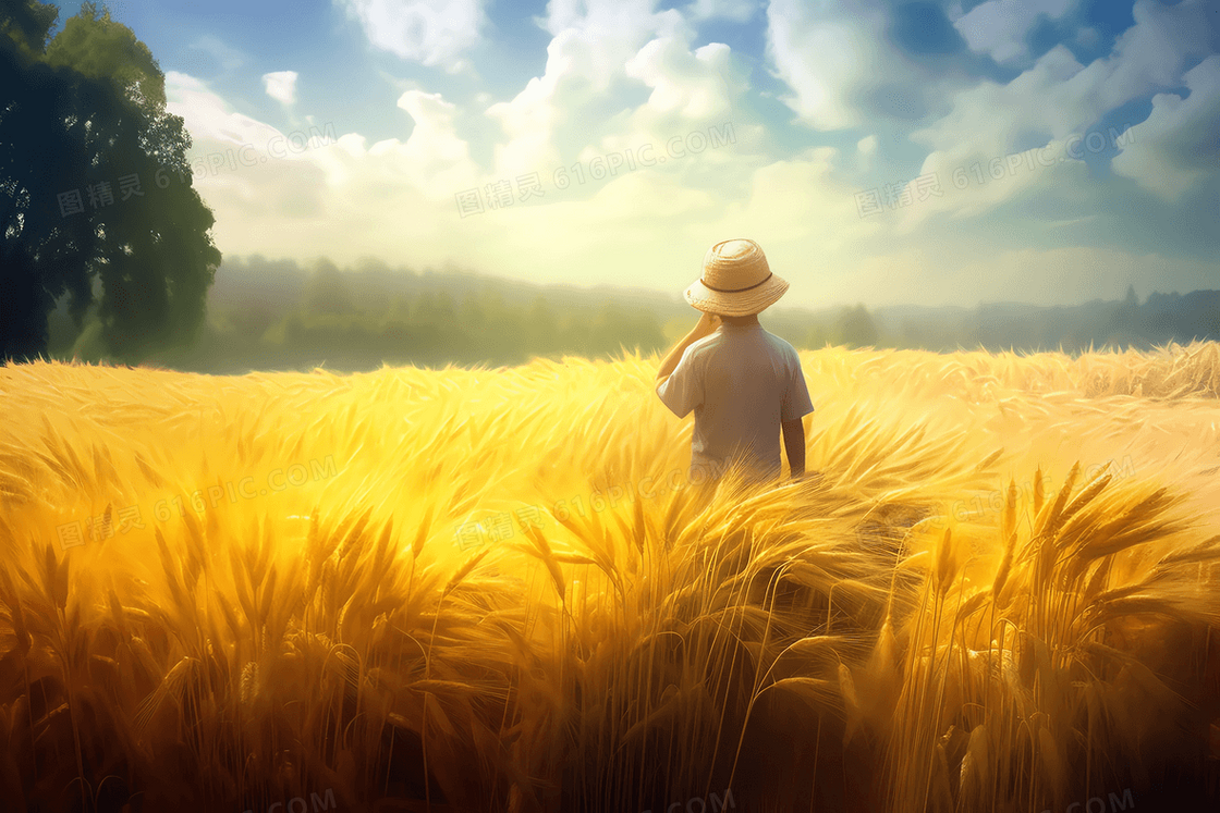 卡通站在黄澄澄的麦田里的农民背影