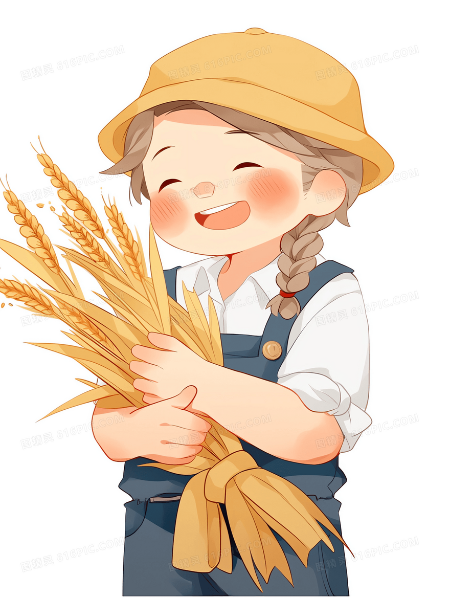 卡通农民抱着收获的麦穗开心的笑了插画
