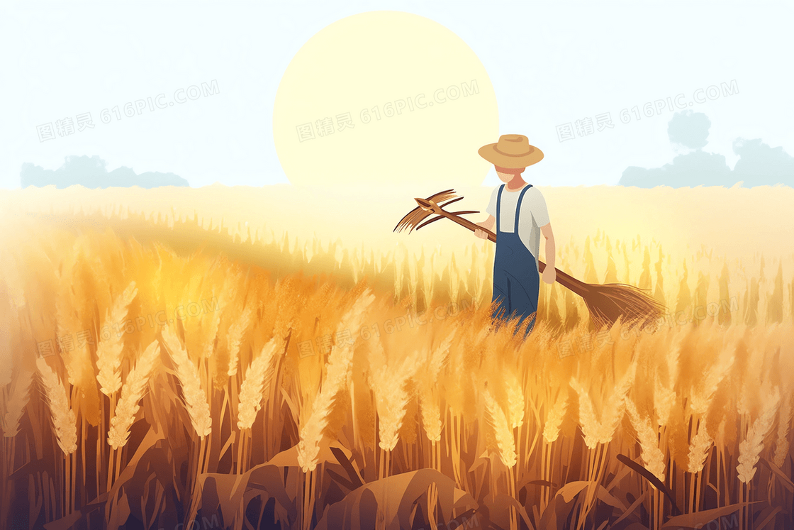 卡通戴草帽的农民拿着农具站在金色麦田里插画