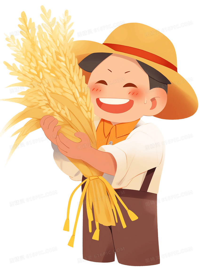 卡通戴草帽的农民抱着收获的麦穗开心的大笑插画
