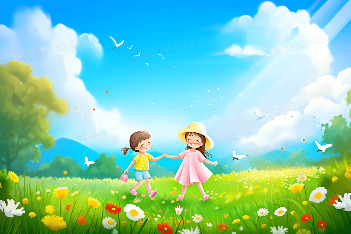 唯美风春暖花开草坪上2个可爱的小朋友在玩耍插画